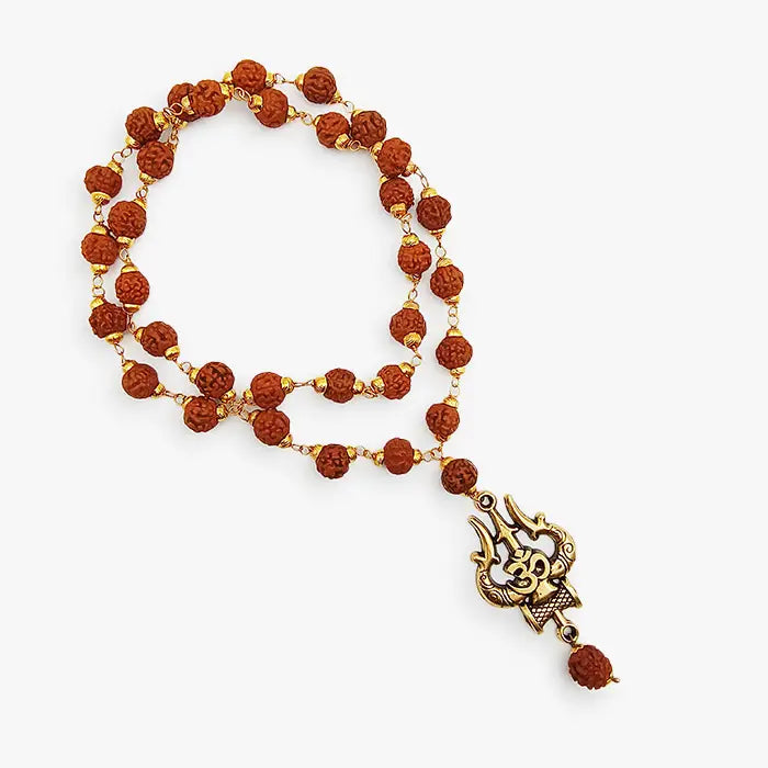 Om Trishul Damru Pendant With Rudraksha Mala