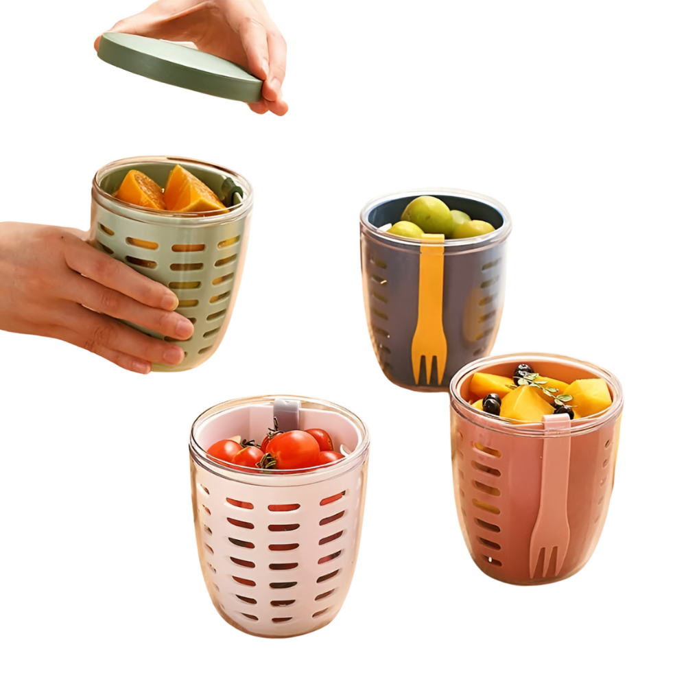 Salad Box Fruit Cup with Fork Double-Layer Quick-Draining Leak-Proof  Storage Containers