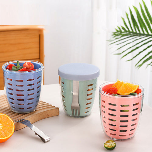 Salad Box Fruit Cup with Fork Double-Layer Quick-Draining Leak-Proof  Storage Containers