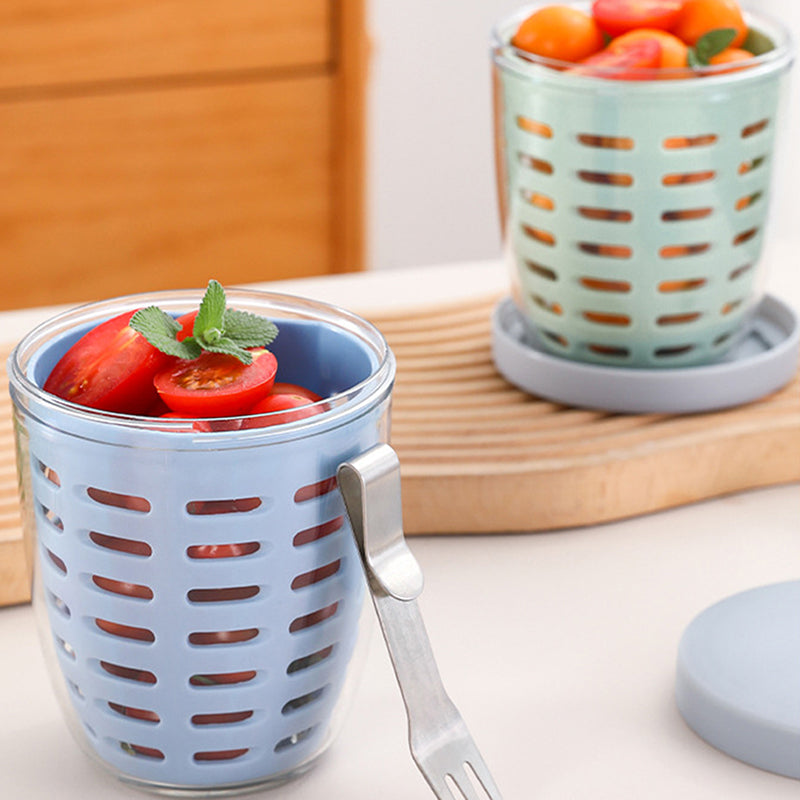 Salad Box Fruit Cup with Fork Double-Layer Quick-Draining Leak-Proof  Storage Containers