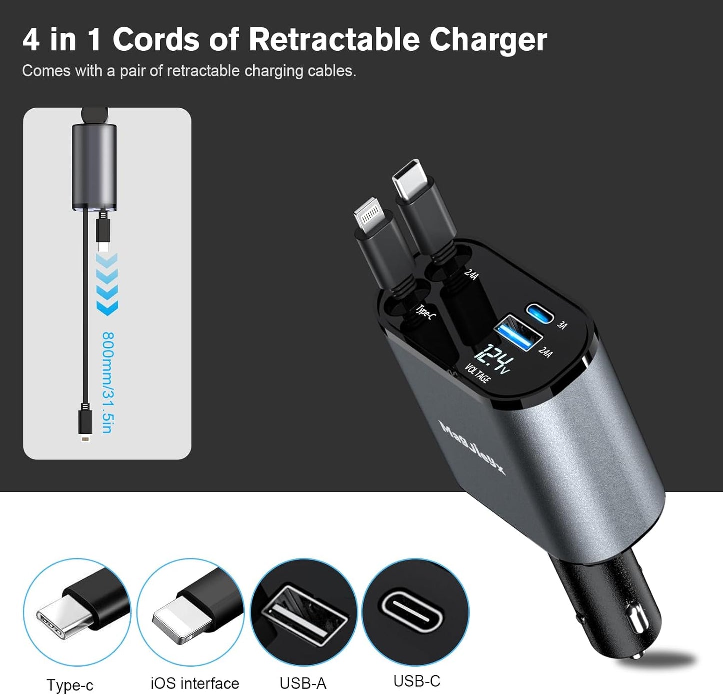 Premium 4-in-1 Retractable Car Charger