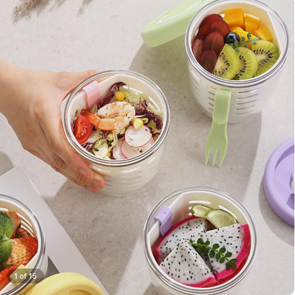 Salad Box Fruit Cup with Fork Double-Layer Quick-Draining Leak-Proof  Storage Containers