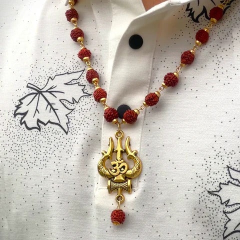 Om Trishul Damru Pendant With Rudraksha Mala