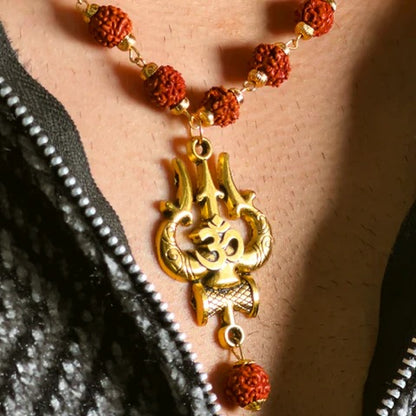 Om Trishul Damru Pendant With Rudraksha Mala