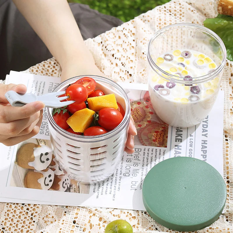 Salad Box Fruit Cup with Fork Double-Layer Quick-Draining Leak-Proof  Storage Containers