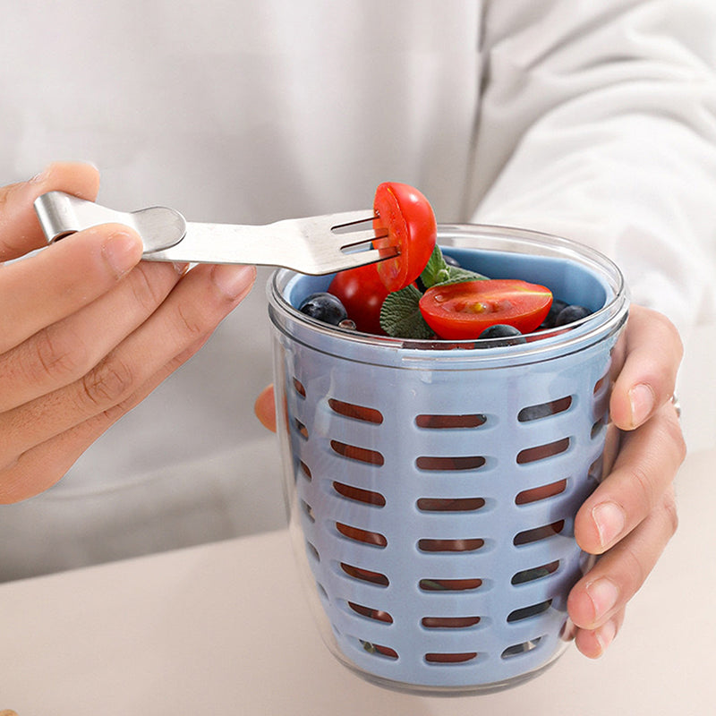 Salad Box Fruit Cup with Fork Double-Layer Quick-Draining Leak-Proof  Storage Containers