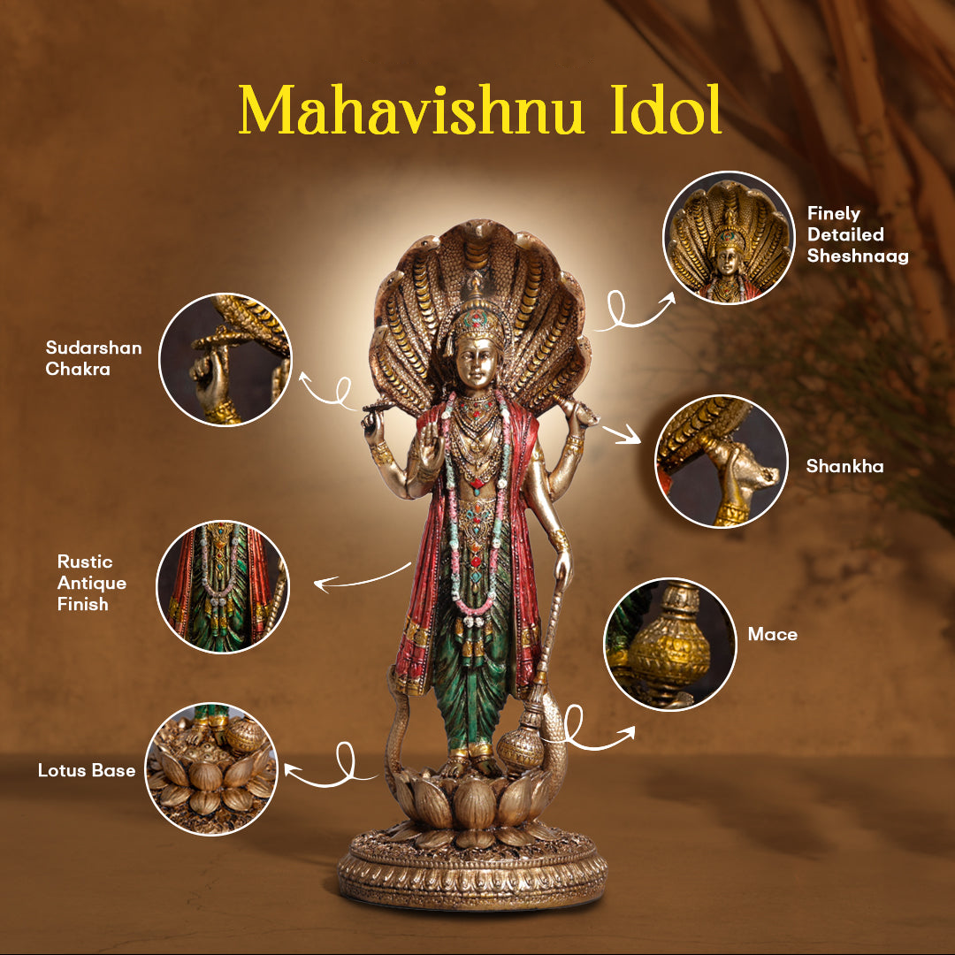 Lord Vishnu Standing Idol  Antique Finish - 12 Inch